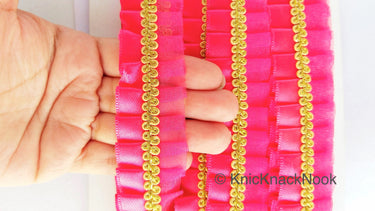 Watermelon Red Satin And Watermelon Red Net Fabric Trim With Gold Embroidery Trimming, Pleated Lace, Trim